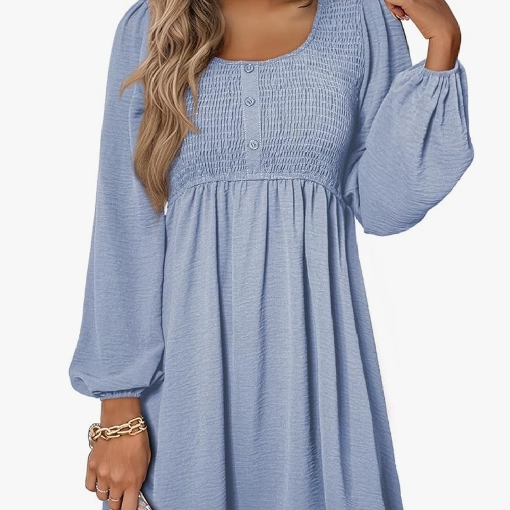 Blue Smocked Long Sleeve Dress